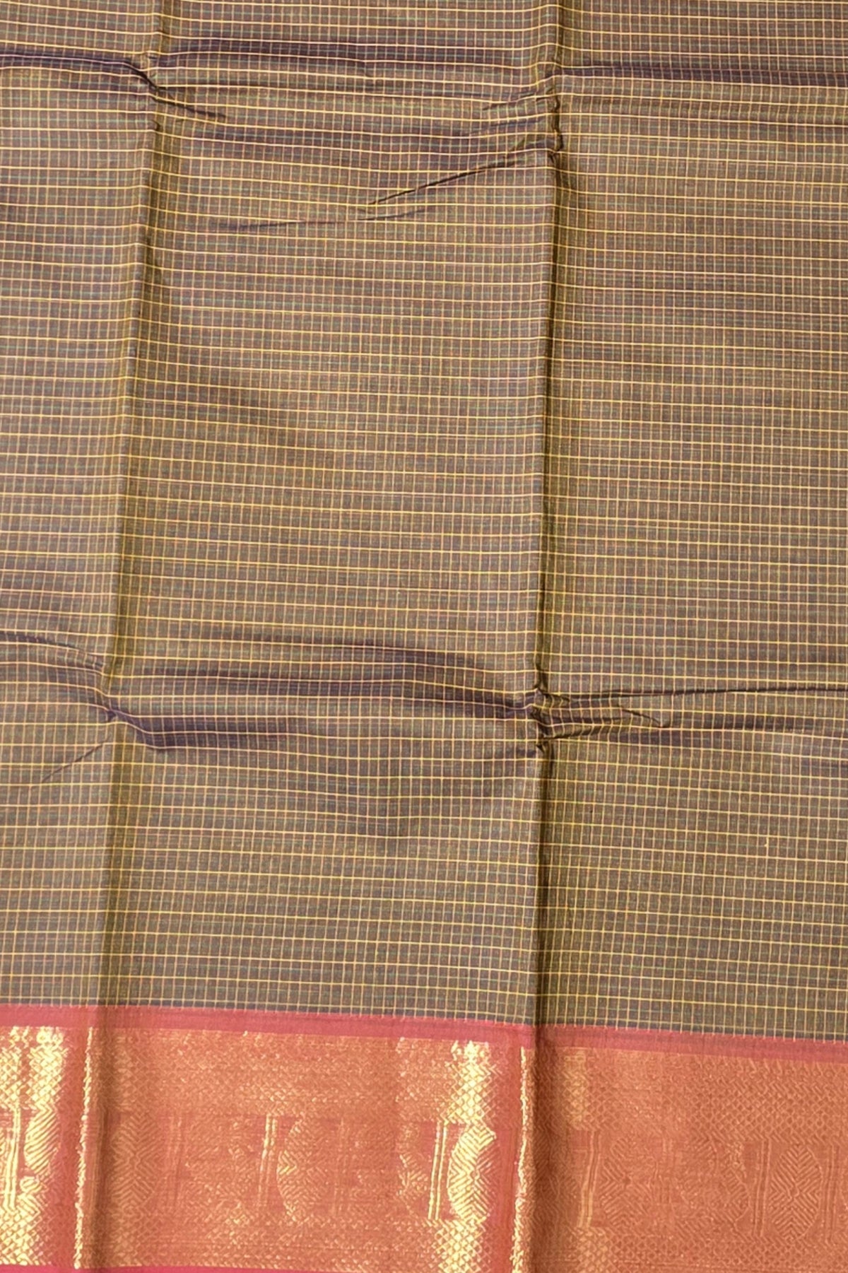 Elegant Coffee Brown Checked Cotton Saree with Red & Gold Border