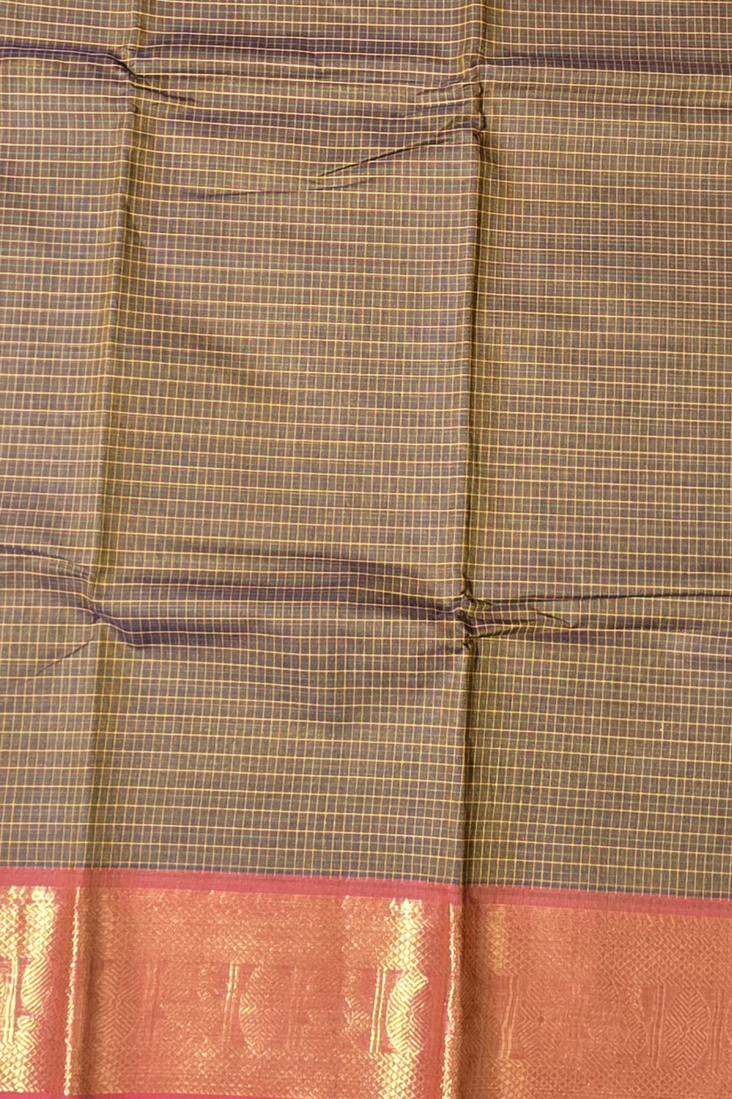 Elegant Coffee Brown Checked Cotton Saree with Red & Gold Border