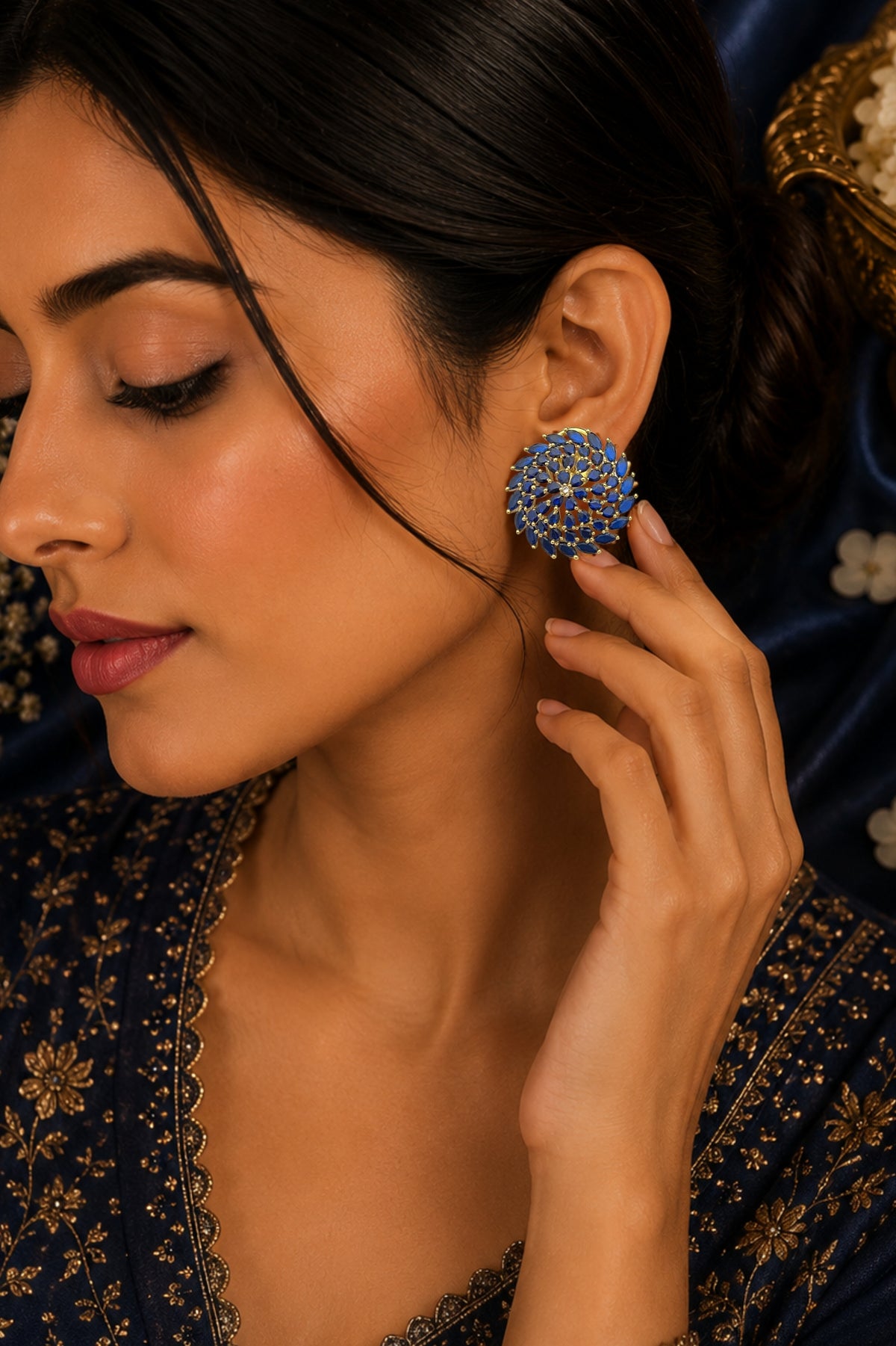 Royal Gold-Plated Floral Royal Blue CZ Cluster Stud Earrings