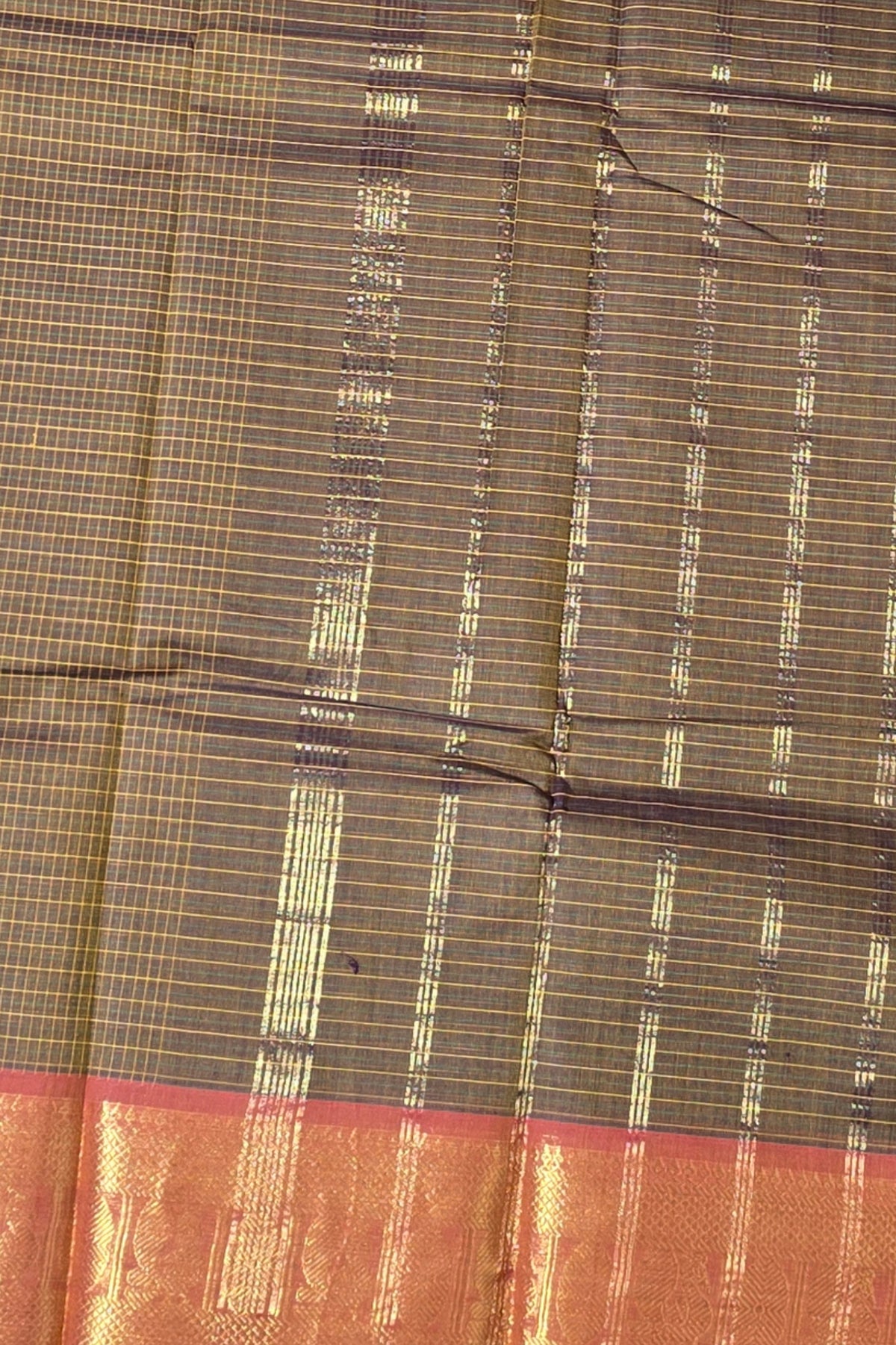 Elegant Coffee Brown Checked Cotton Saree with Red & Gold Border
