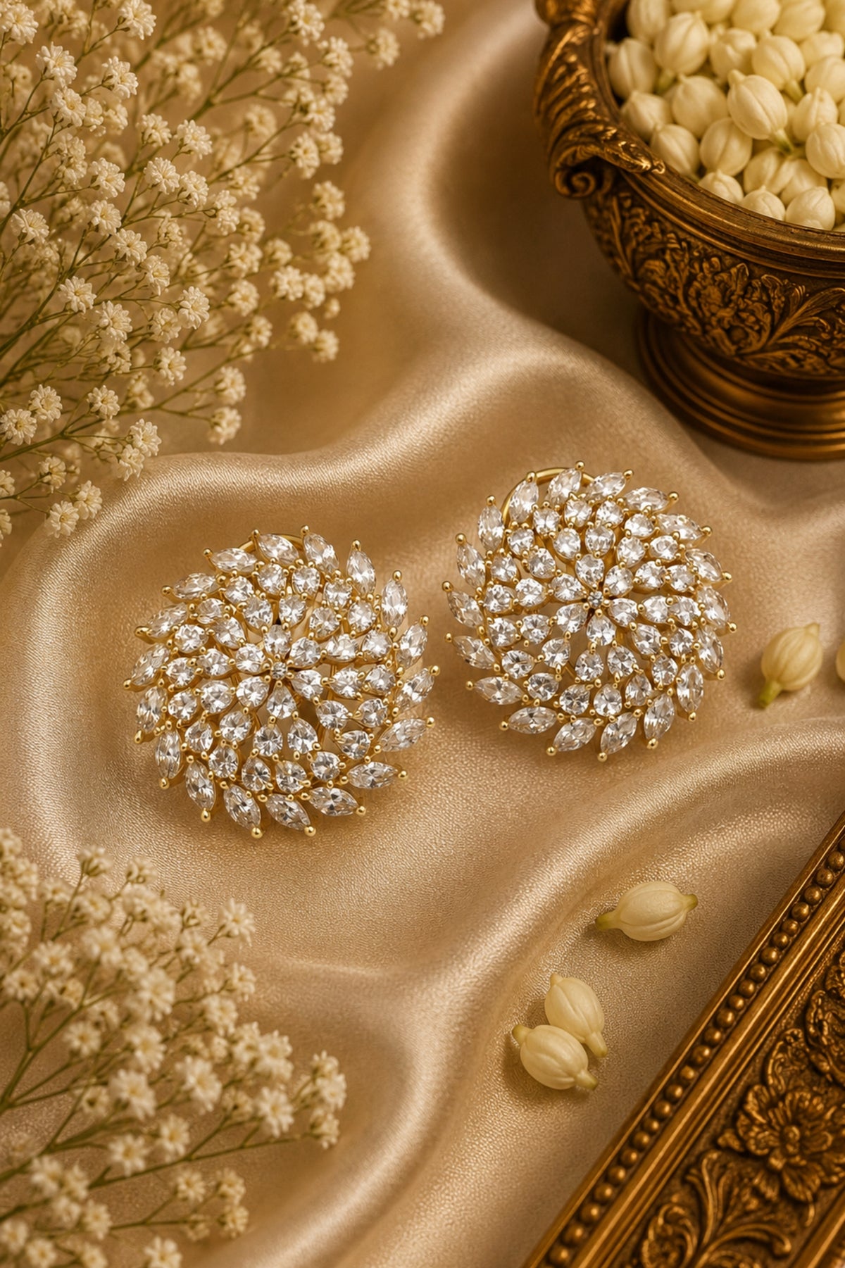 Royal Gold-Plated Moonlight Blossom White CZ Cluster Stud Earrings