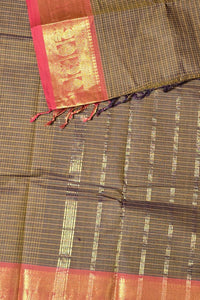 Elegant Coffee Brown Checked Cotton Saree with Red & Gold Border