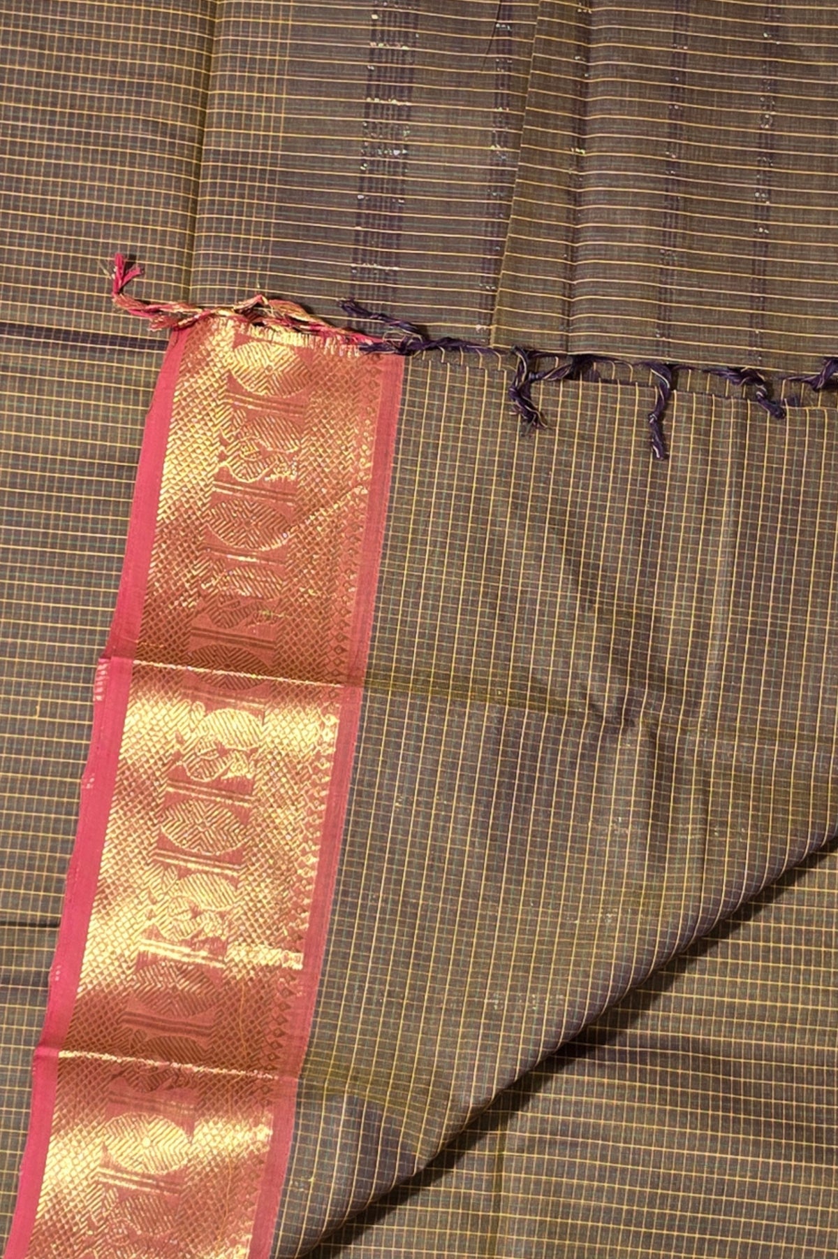 Elegant Coffee Brown Checked Cotton Saree with Red & Gold Border