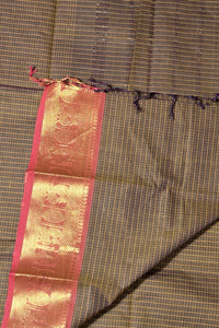 Elegant Coffee Brown Checked Cotton Saree with Red & Gold Border