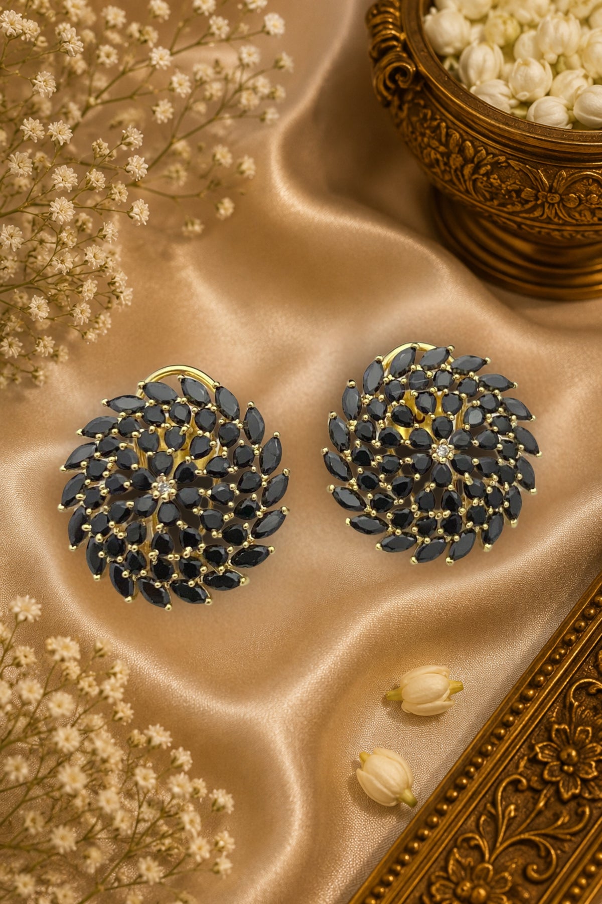 Royal Gold-Plated Floral Black CZ Cluster Stud Earrings