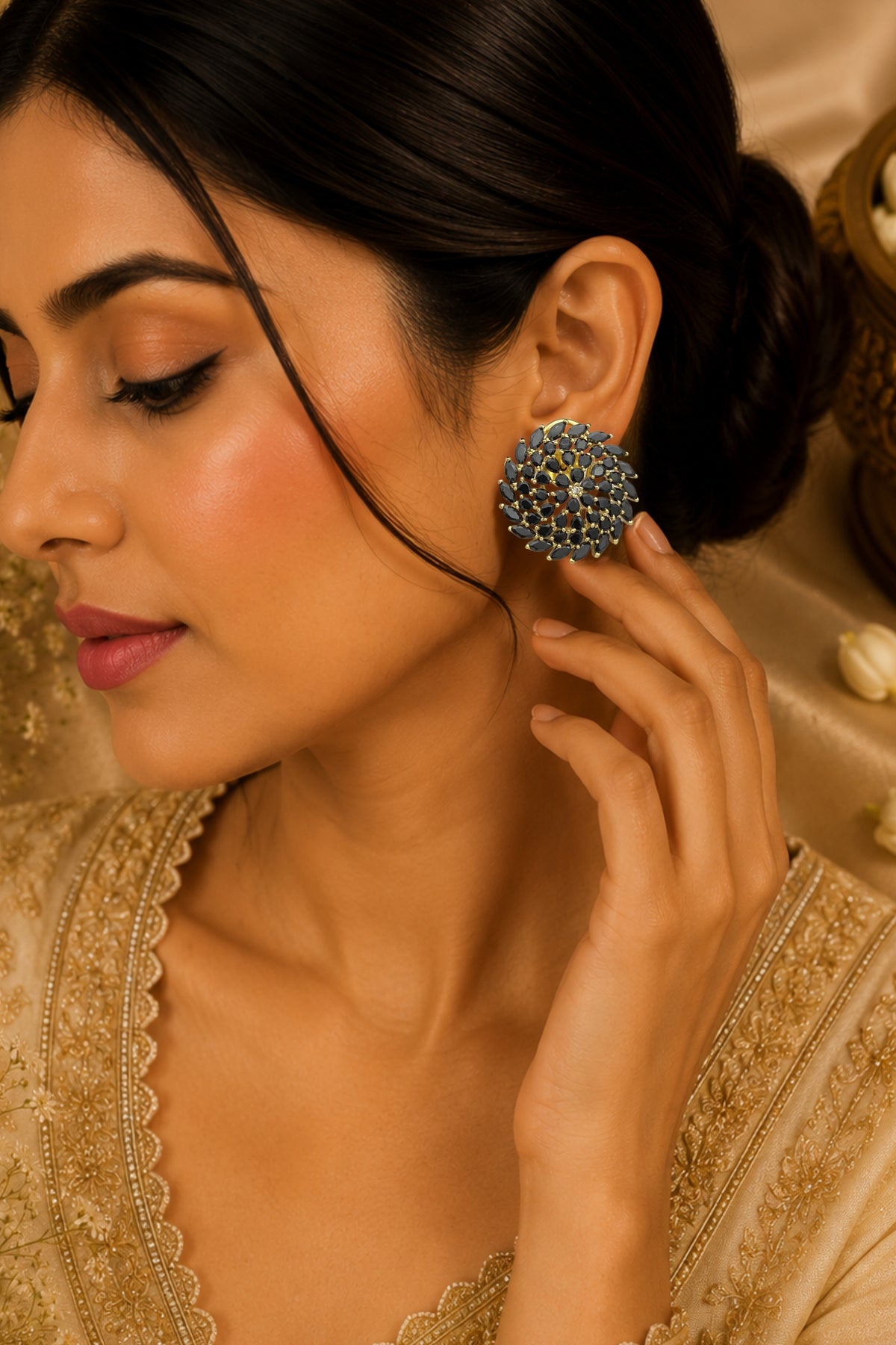 Royal Gold-Plated Floral Black CZ Cluster Stud Earrings