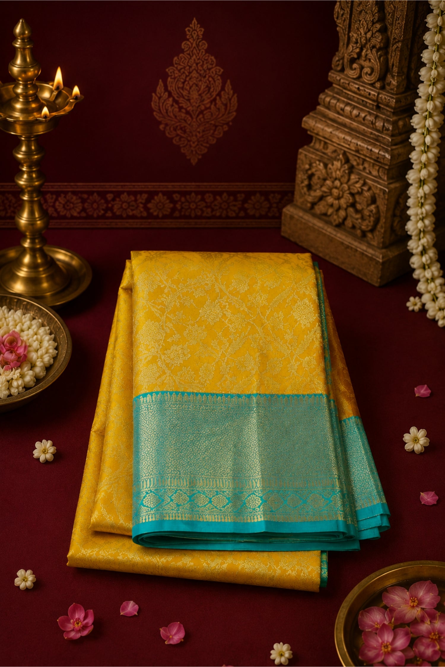 Royal Yellow Kanchipuram Silk Saree with Elegant Blue Border
