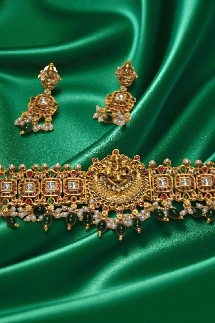 Majestic Aura Heavy Pink & Green Stone Necklace with Earrings