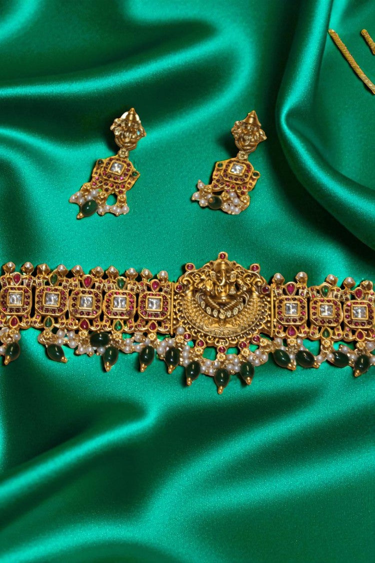 Majestic Aura Heavy Pink & Green Stone Necklace with Earrings