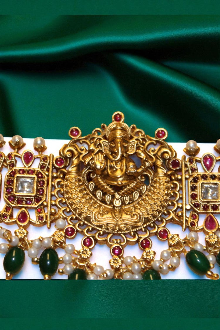 Majestic Aura Heavy Pink & Green Stone Necklace with Earrings