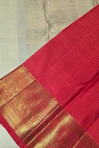 White Kanchipuram Silk Saree with Gold Border and Red Pallu