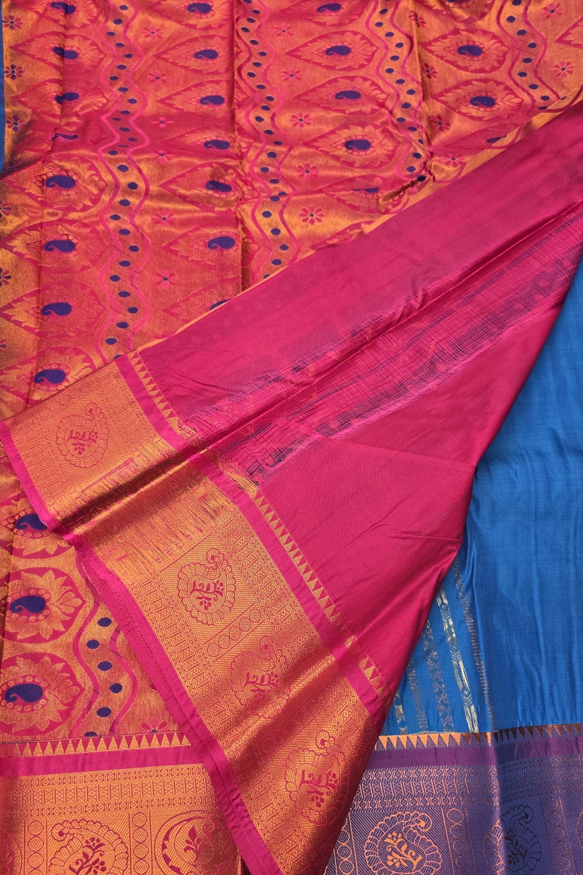 Sea Blue with Pink Semi Kanchi slik Saree