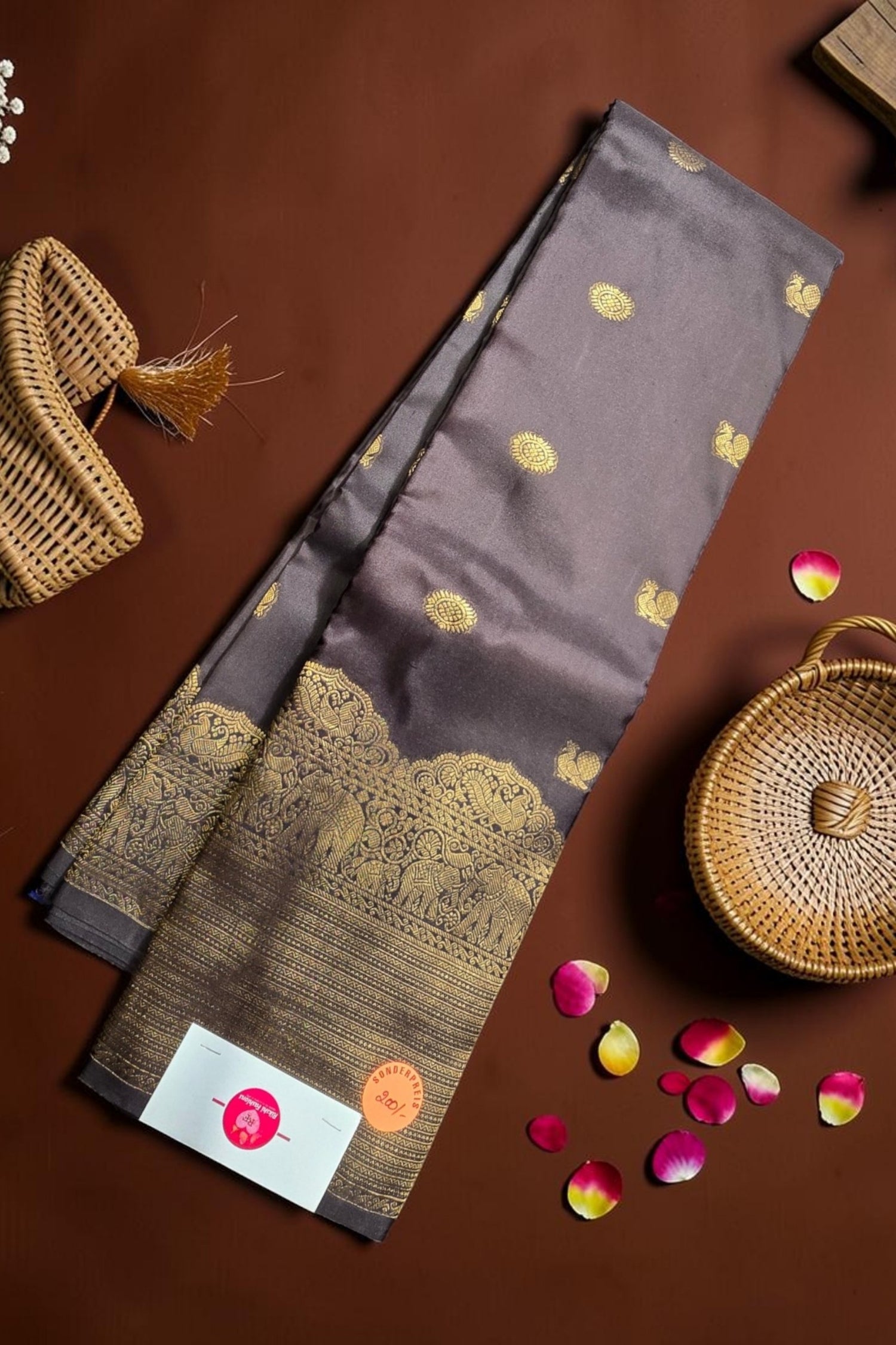 Taupe Grey Kanchipuram Silk Saree with Timeless Elegance