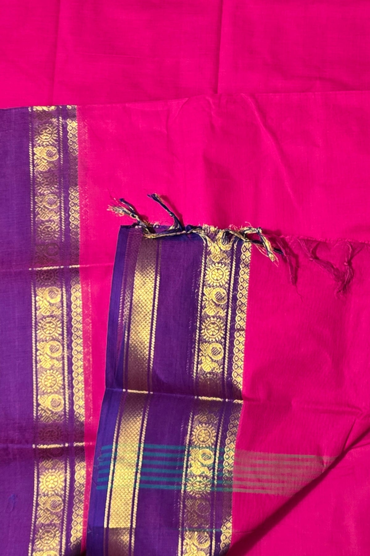 Elegant Jazzberry Jam Cotton Saree with Persian Indigo Border