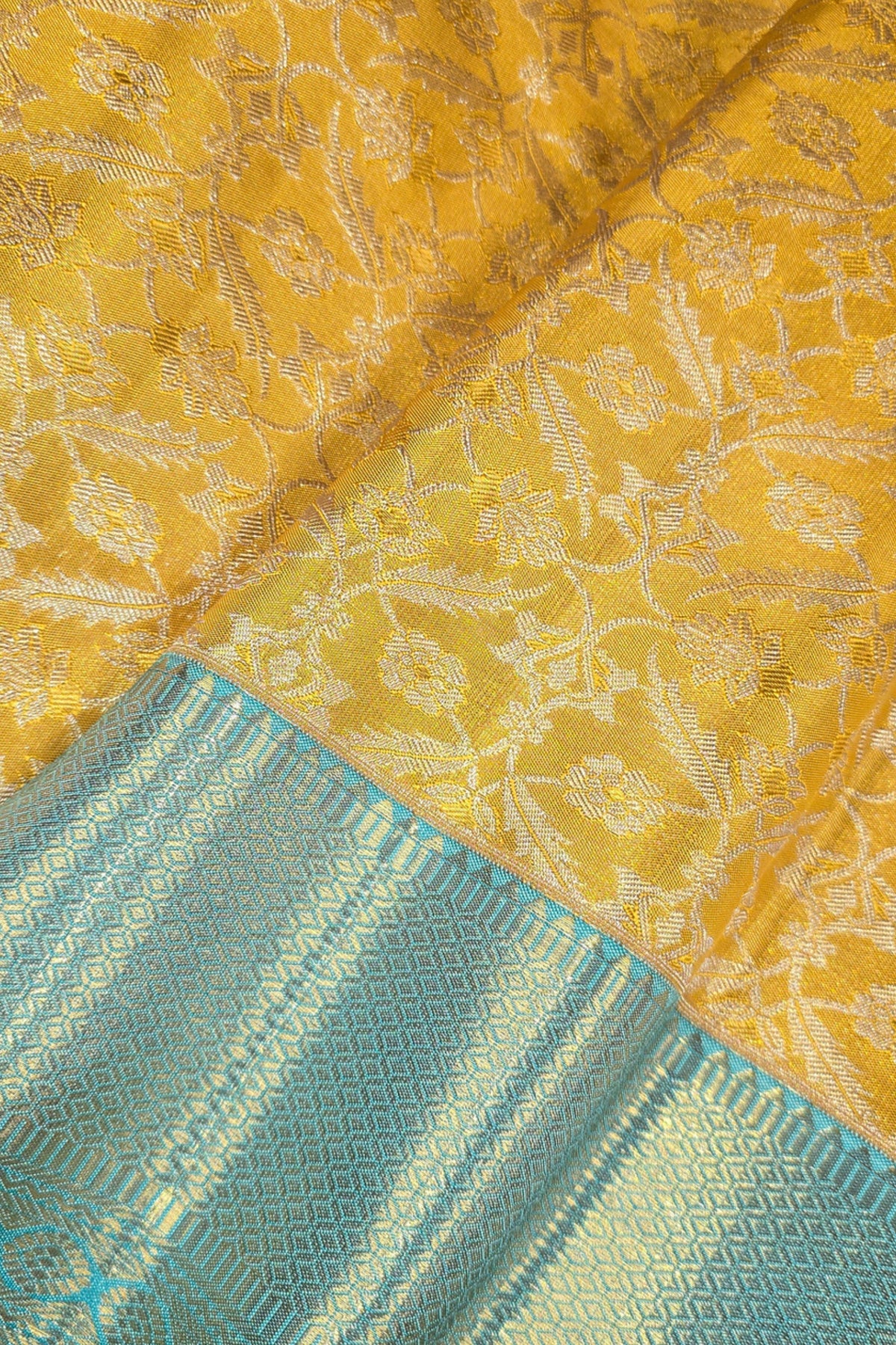 Royal Yellow Kanchipuram Silk Saree with Elegant Blue Border