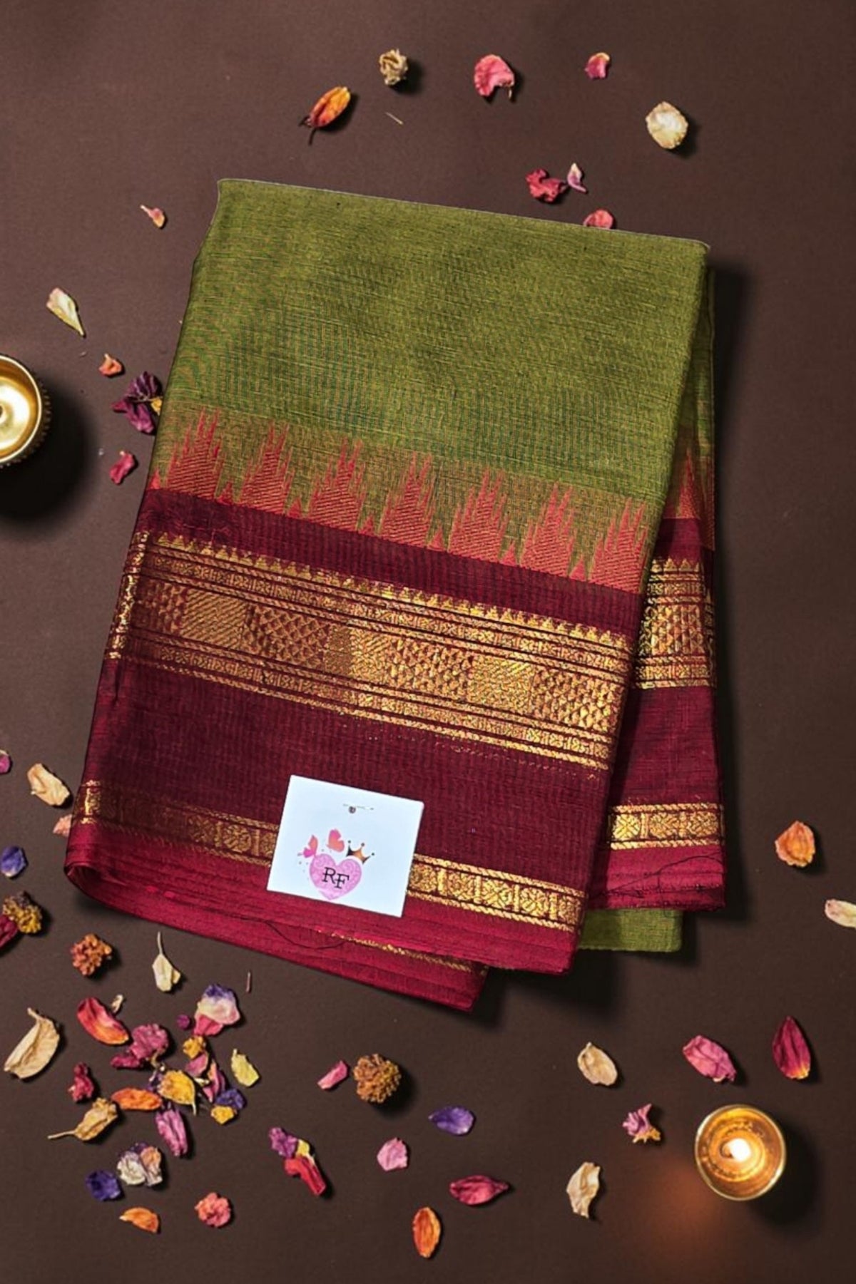 Verdant Grace Army Green Saree with Crimson Red Border