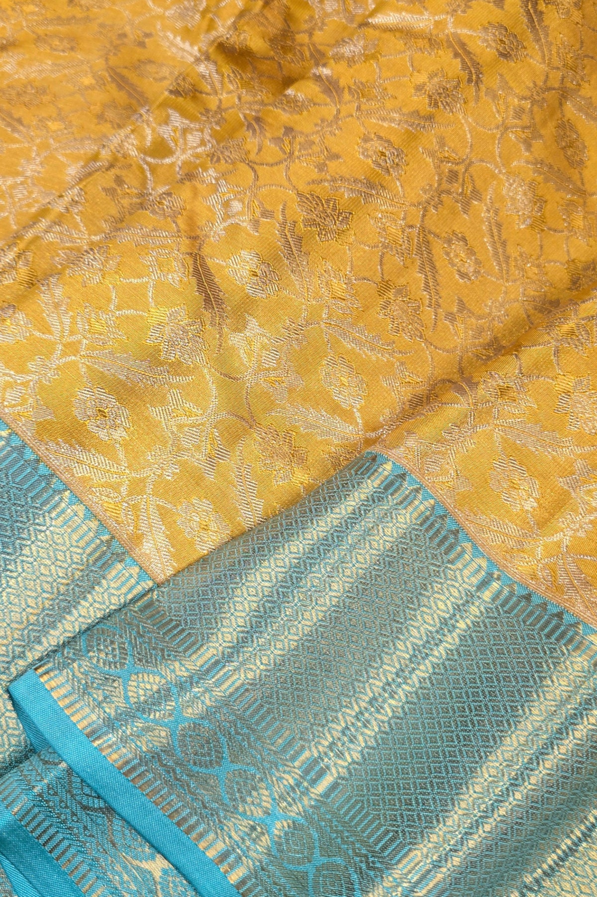 Royal Yellow Kanchipuram Silk Saree with Elegant Blue Border