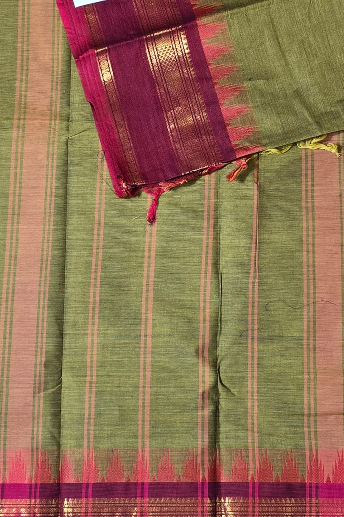 Verdant Grace Army Green Saree with Crimson Red Border