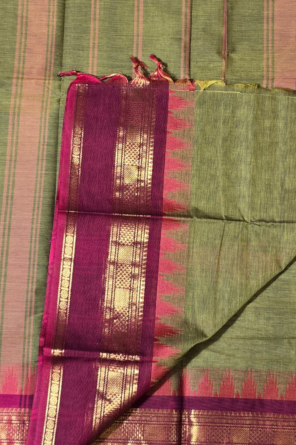 Verdant Grace Army Green Saree with Crimson Red Border