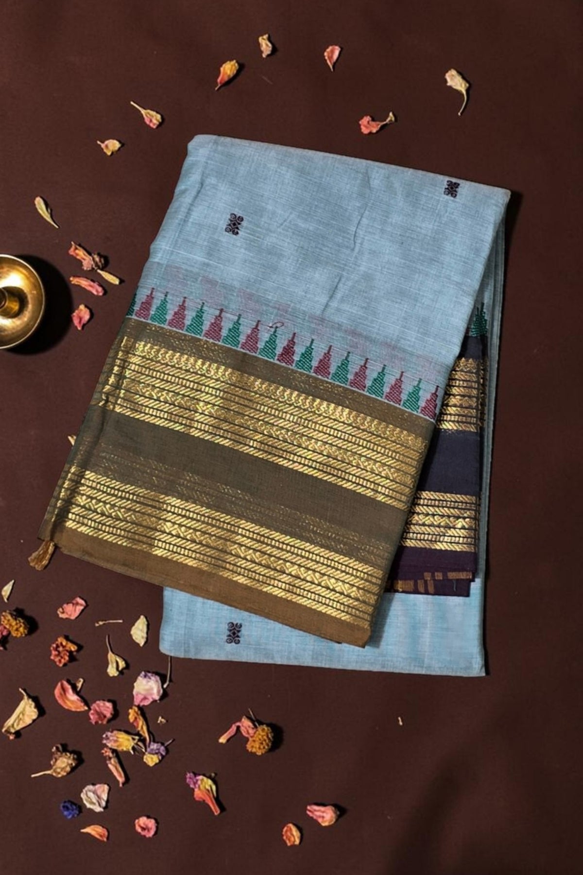 Elegant Moonstone Blue Cotton Saree with Dark Lava Border