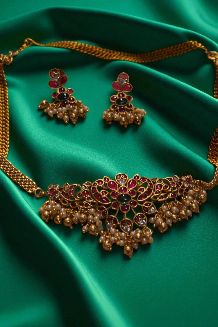 Regal Bloom Pink Heavy Stone Necklace with Earrings