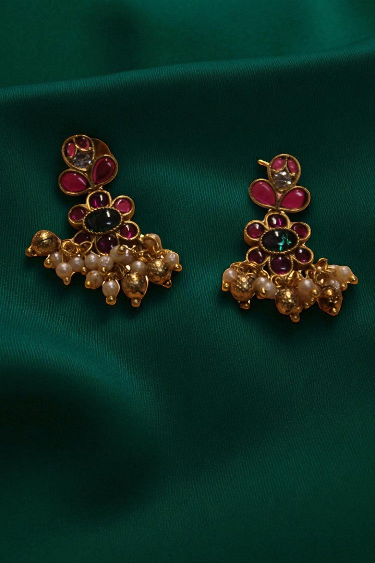 Regal Bloom Pink Heavy Stone Necklace with Earrings