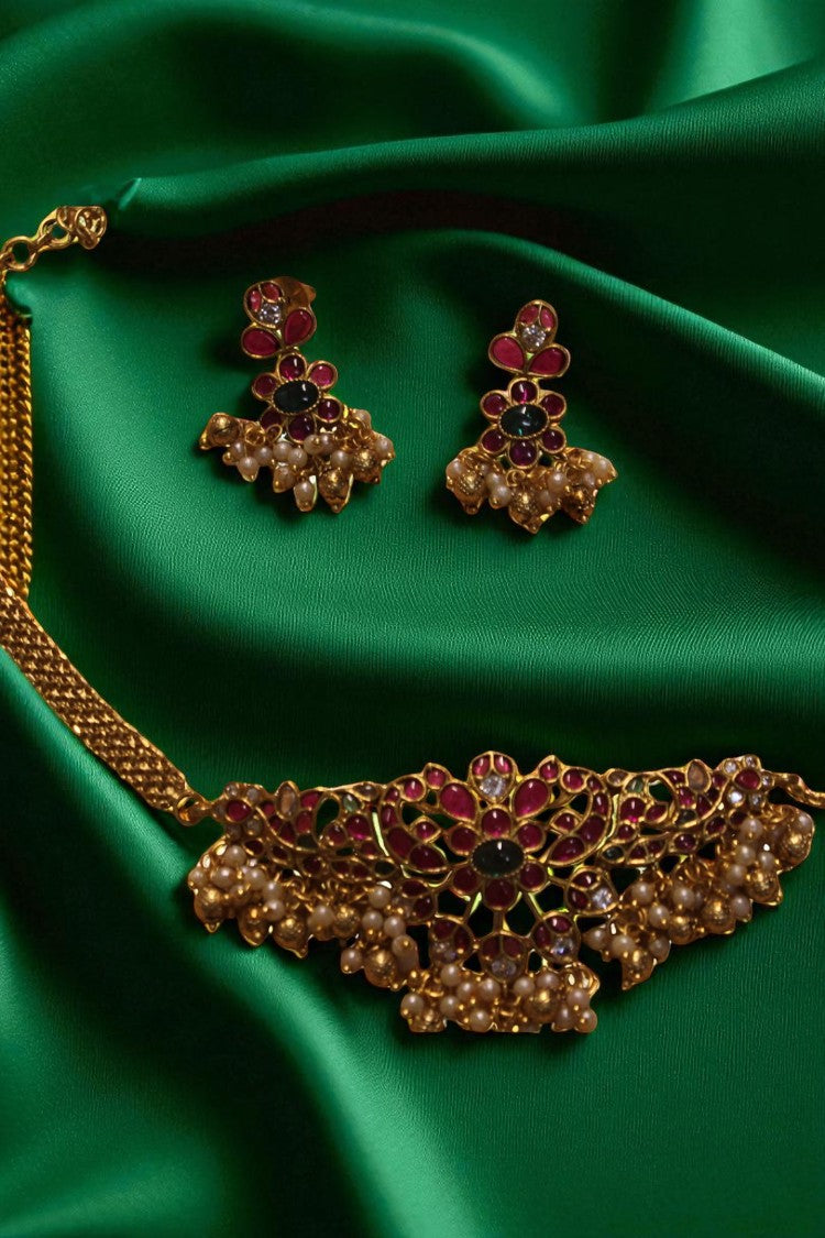 Regal Bloom Pink Heavy Stone Necklace with Earrings