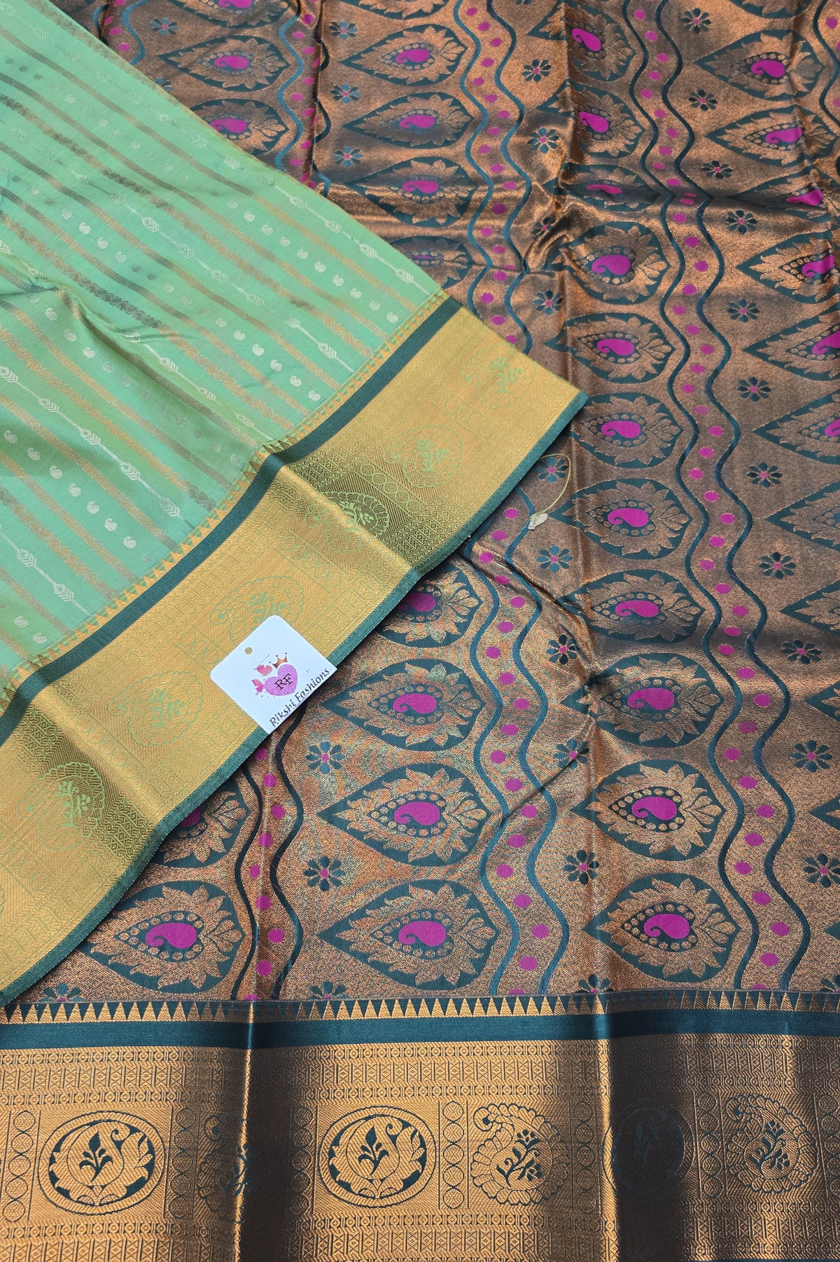 Green with Darkgreen Border Semi Kanchi Silk Saree