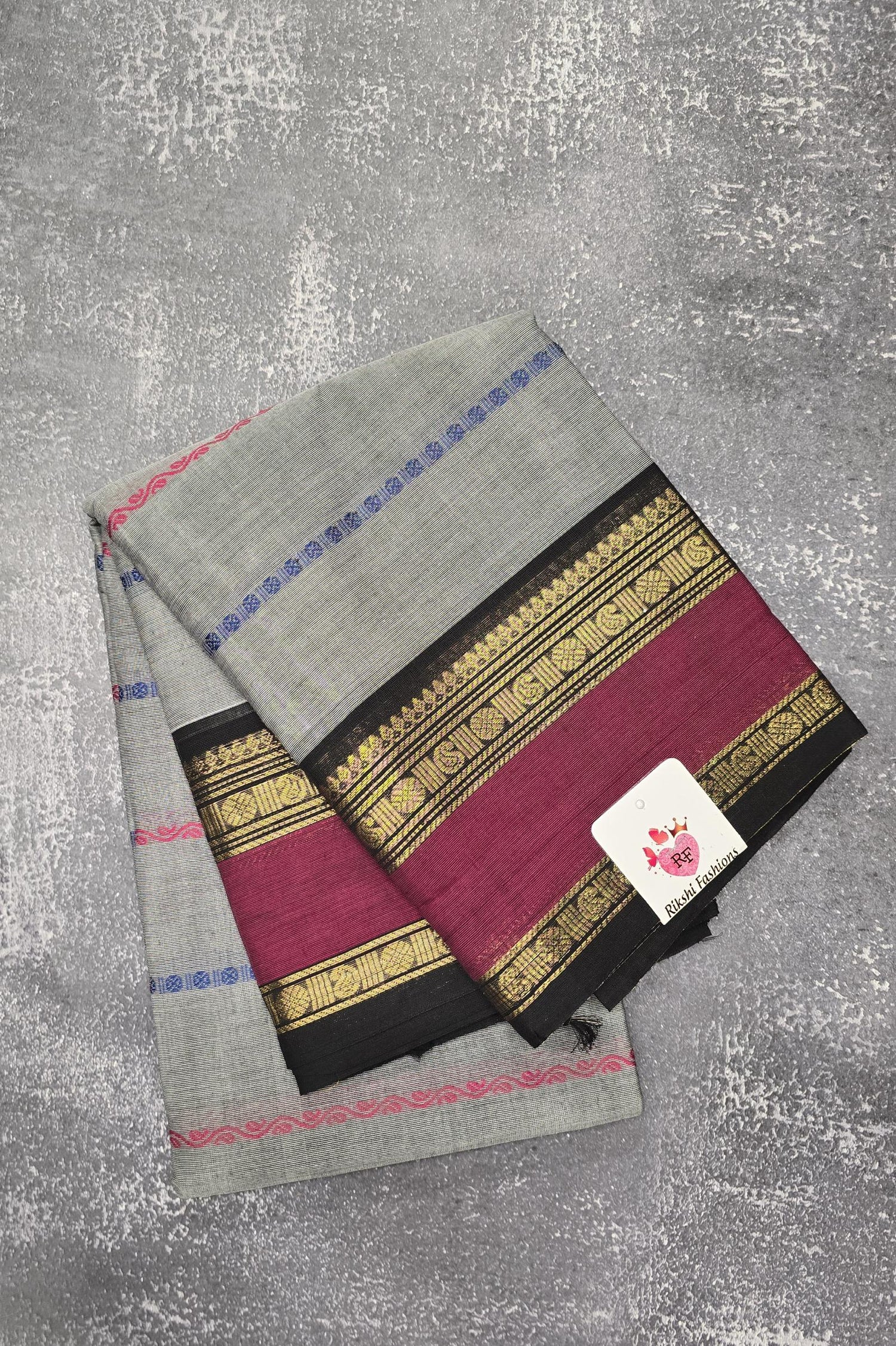 Elegant Grey Cotton Saree with Contrasting Pink Border