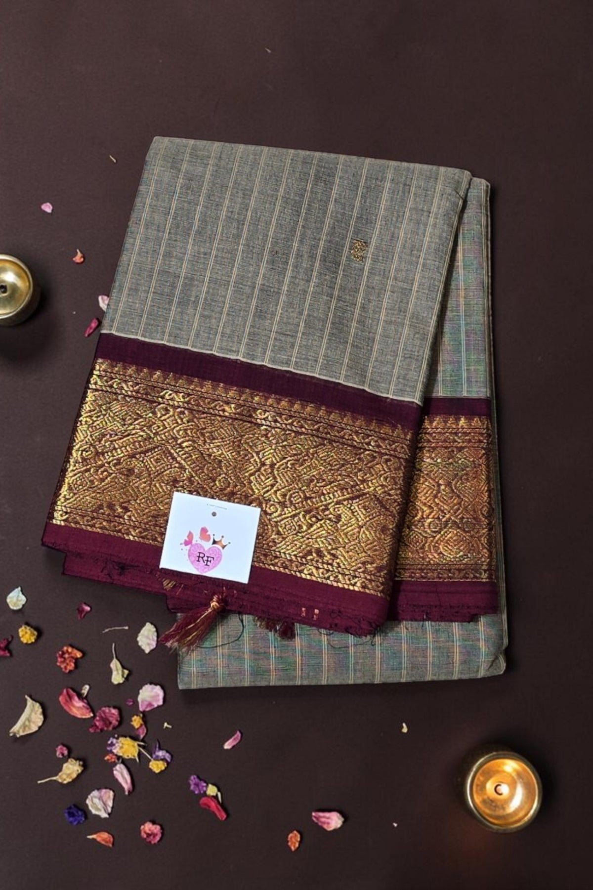 Elegant Grey Stripes Cotton Saree with Brown Border