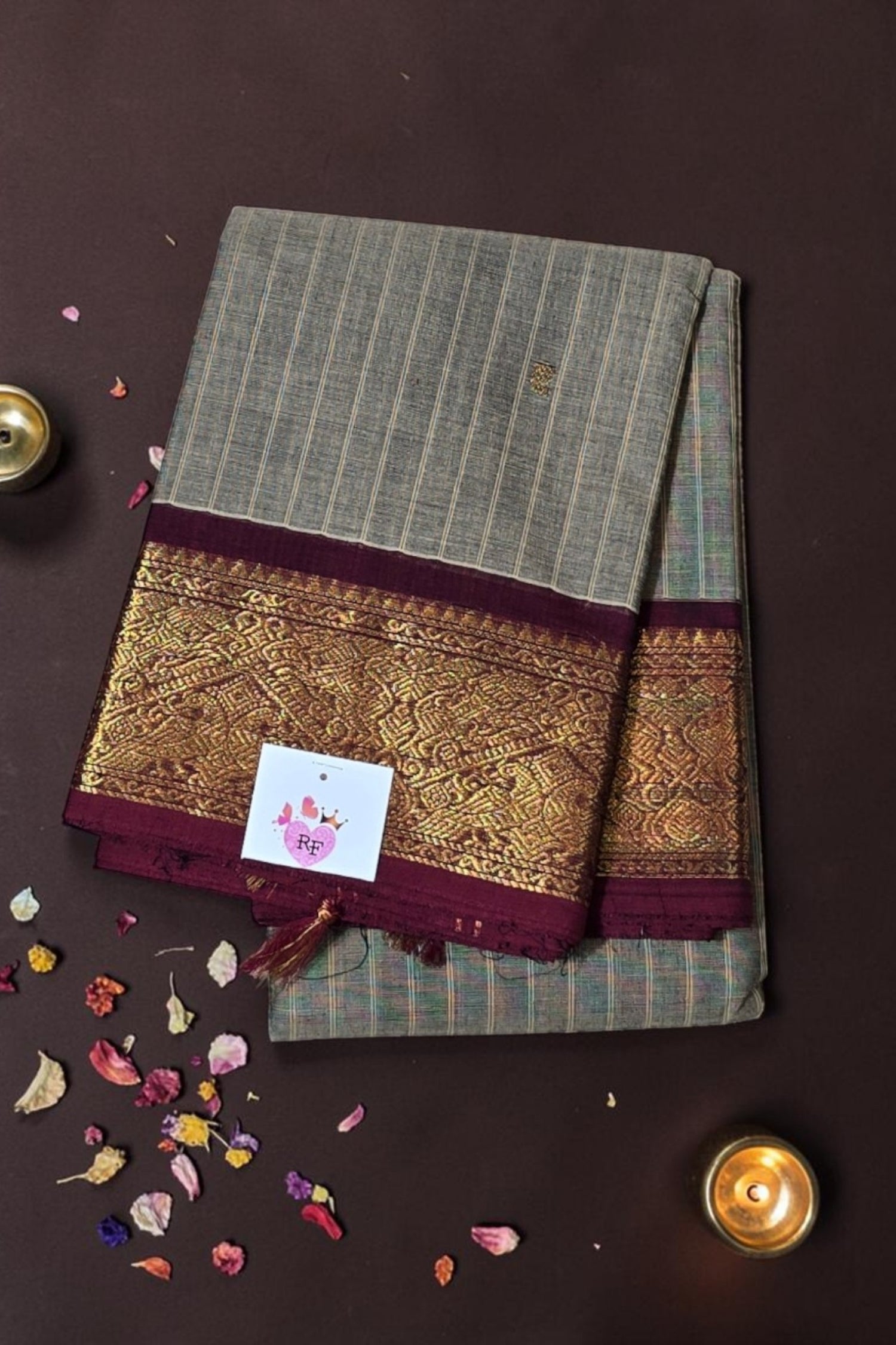 Elegant Grey Stripes Cotton Saree with Brown Border