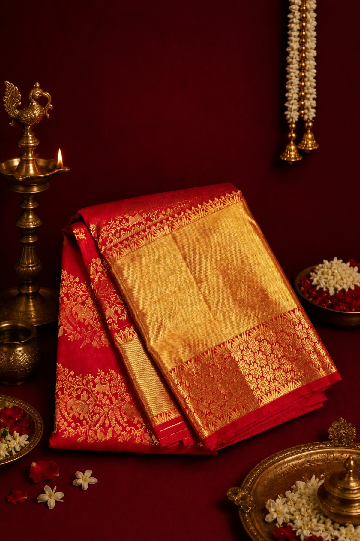 Red and gold saree with decorative elements on a dark red background