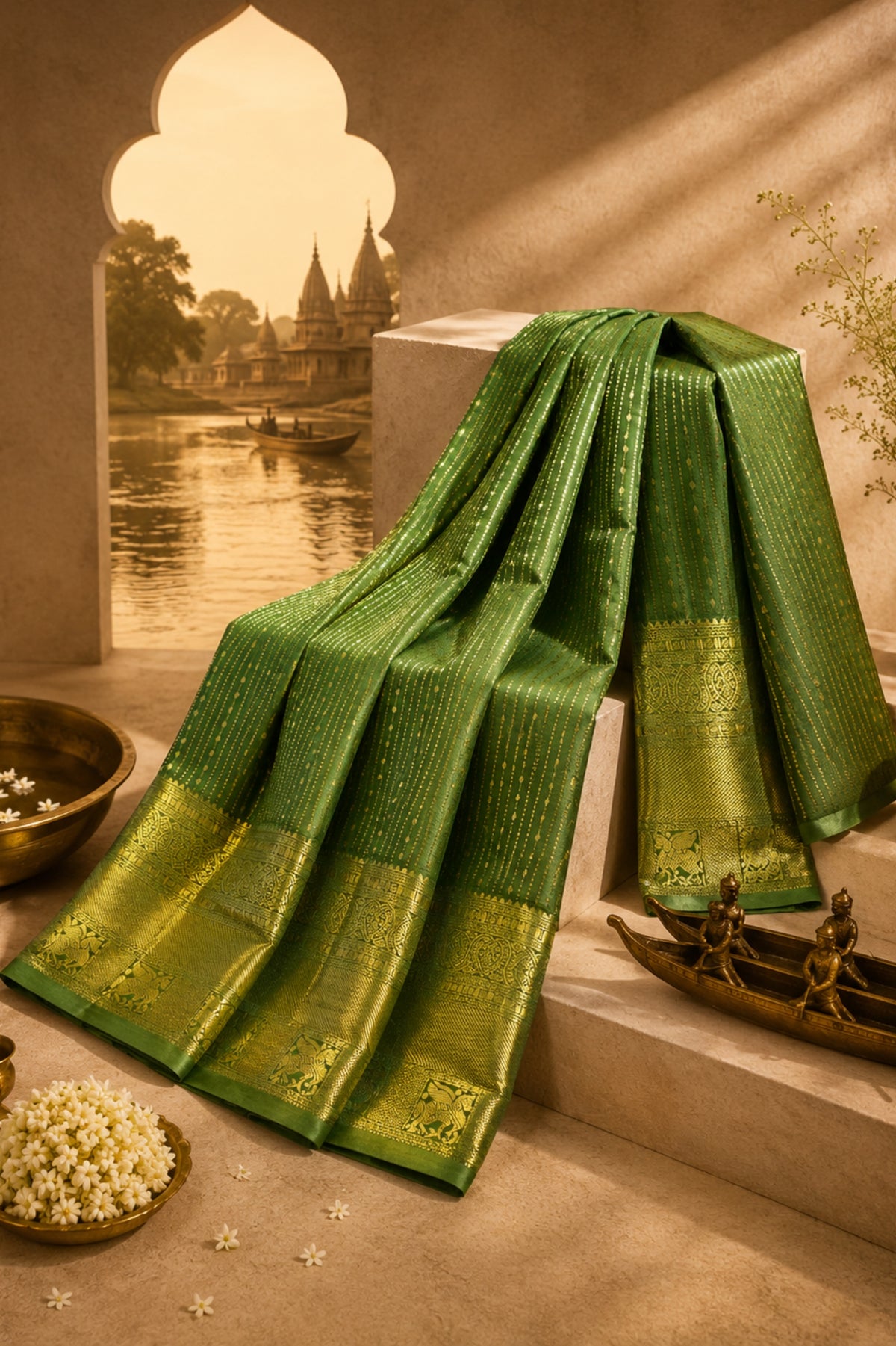 A draped green silk saree with a wide gold zari border, styled on a beige stone platform in a warm, rustic setting with decorative brass bowls and a scenic window view.
