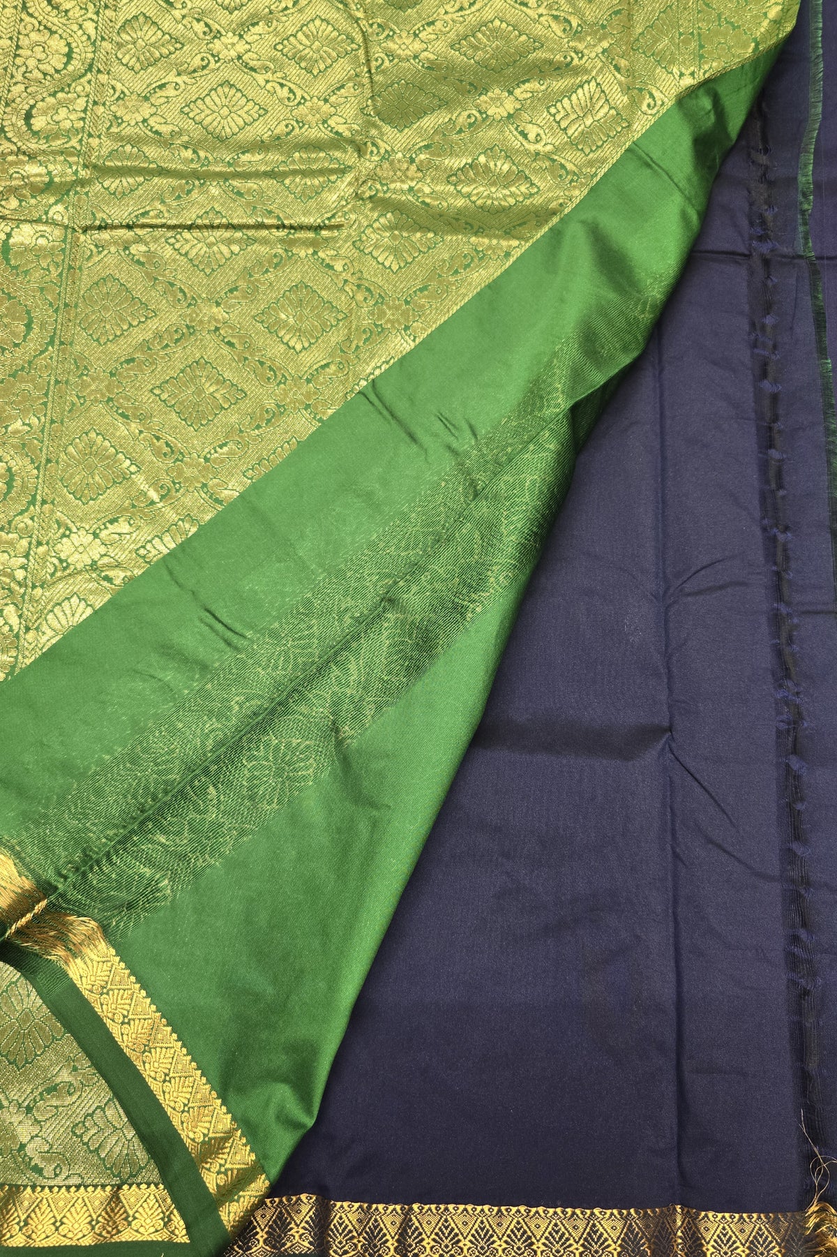 Dark Blue With Green Semi Kanchipuram Silk Saree