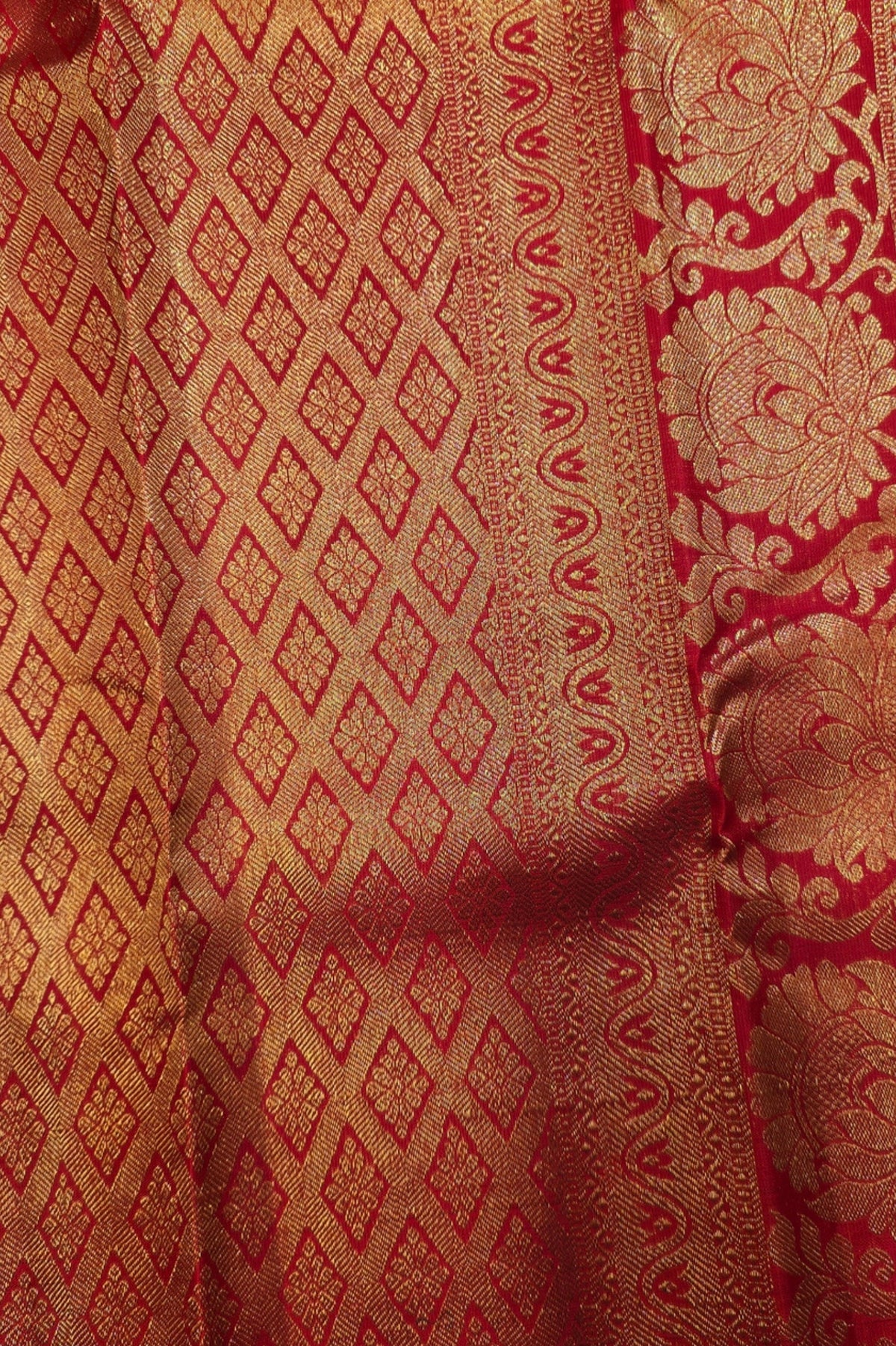 Red Kanchipuram Silk Saree with Gold Embroidery & Traditional Patterns