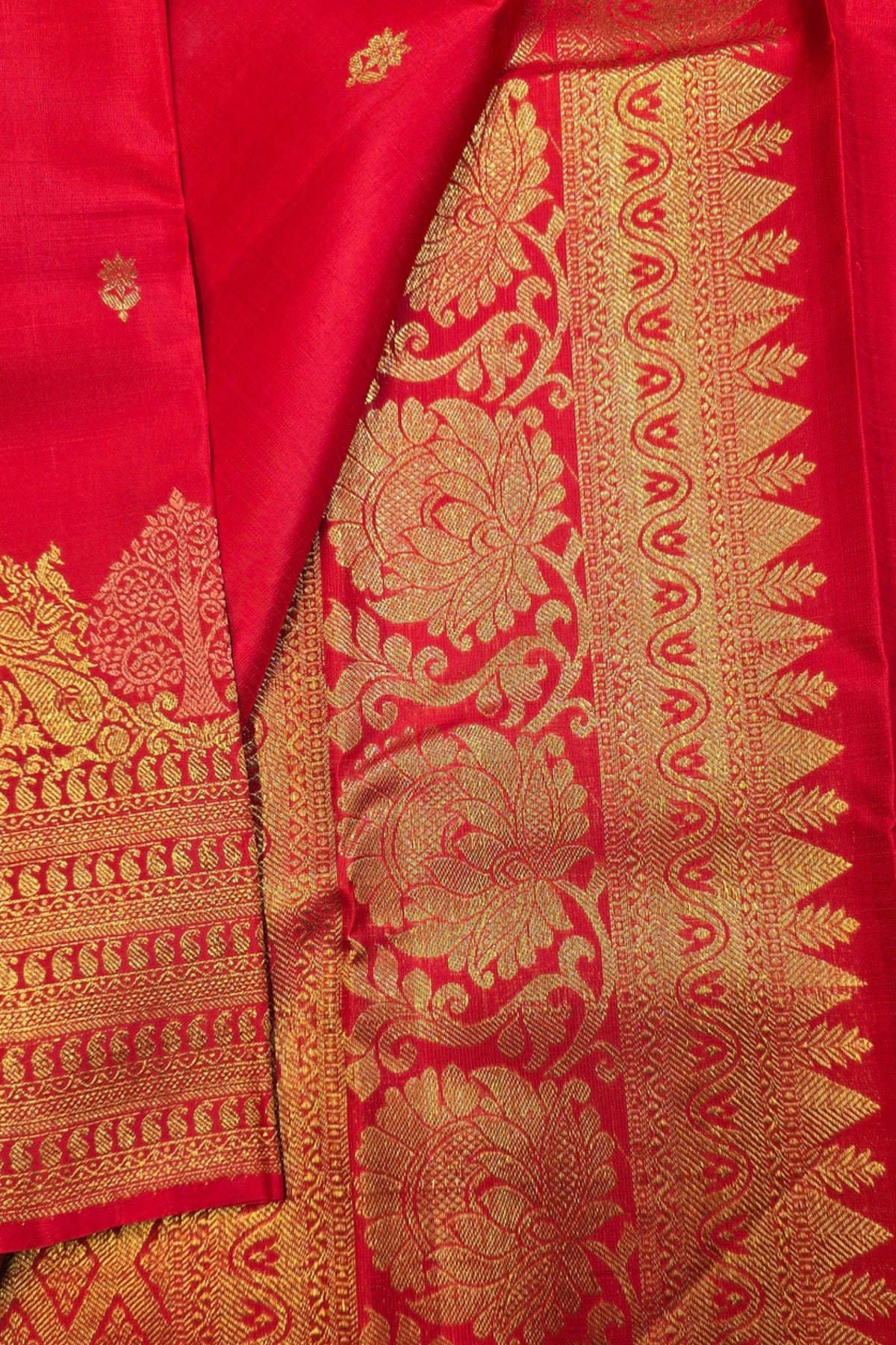 Red Kanchipuram Silk Saree with Gold Embroidery & Traditional Patterns