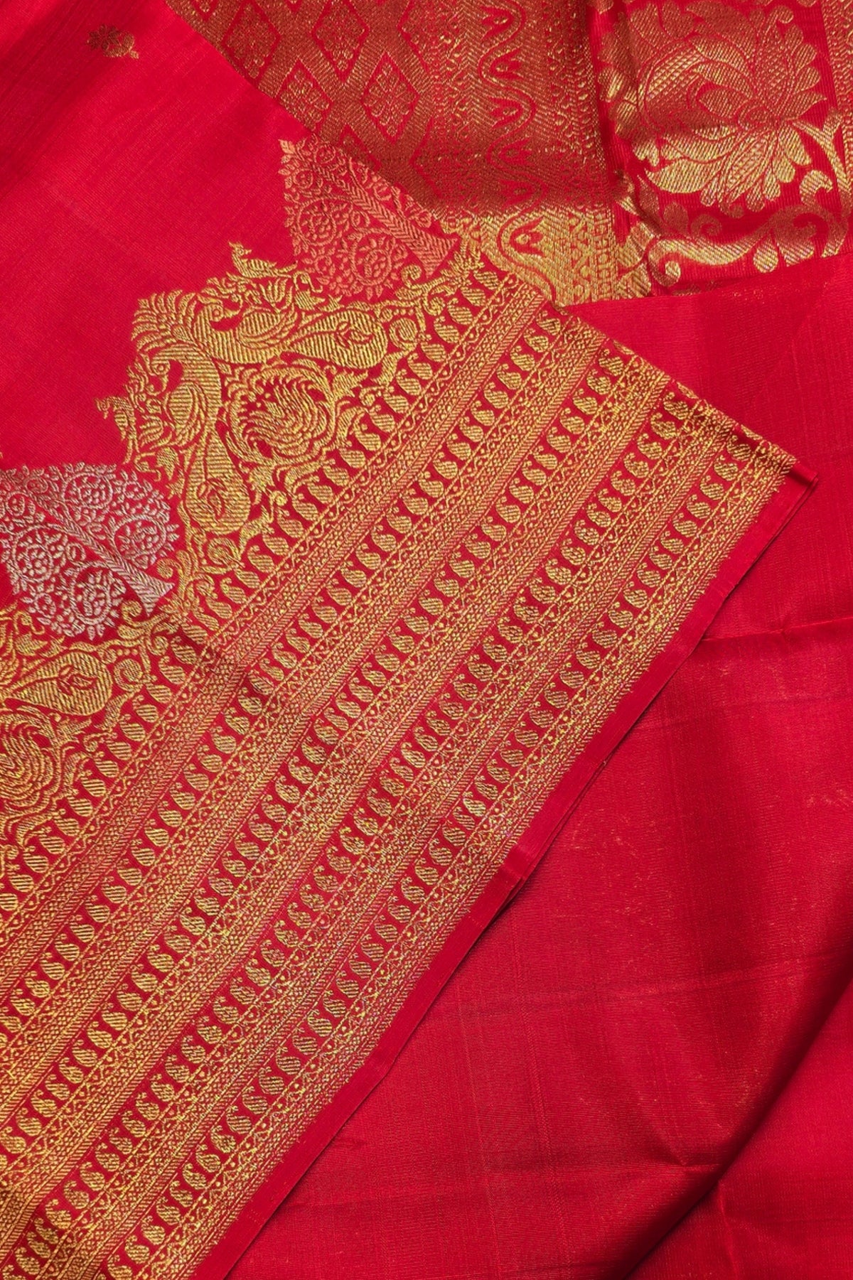 Red Kanchipuram Silk Saree with Gold Embroidery & Traditional Patterns