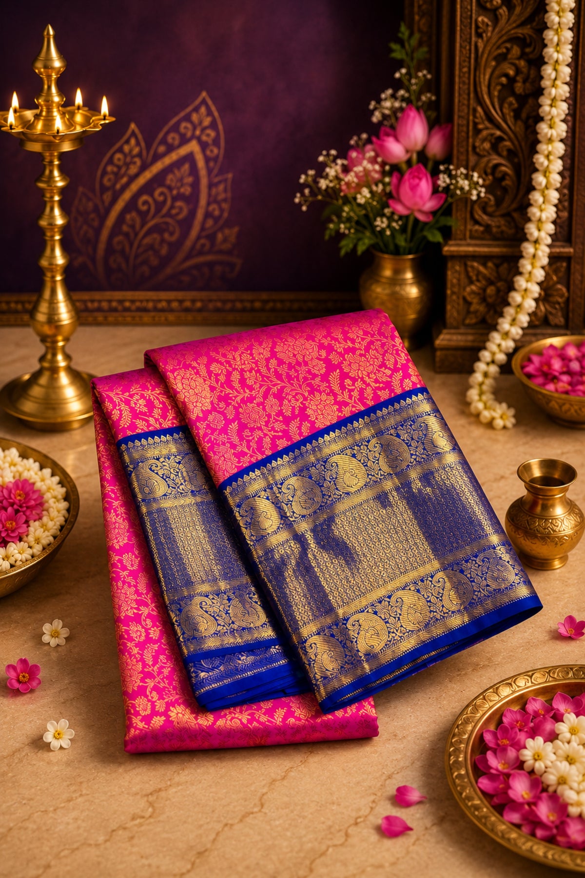 Royal Pink Kanchipuram Silk Saree with Elegant Blue Border