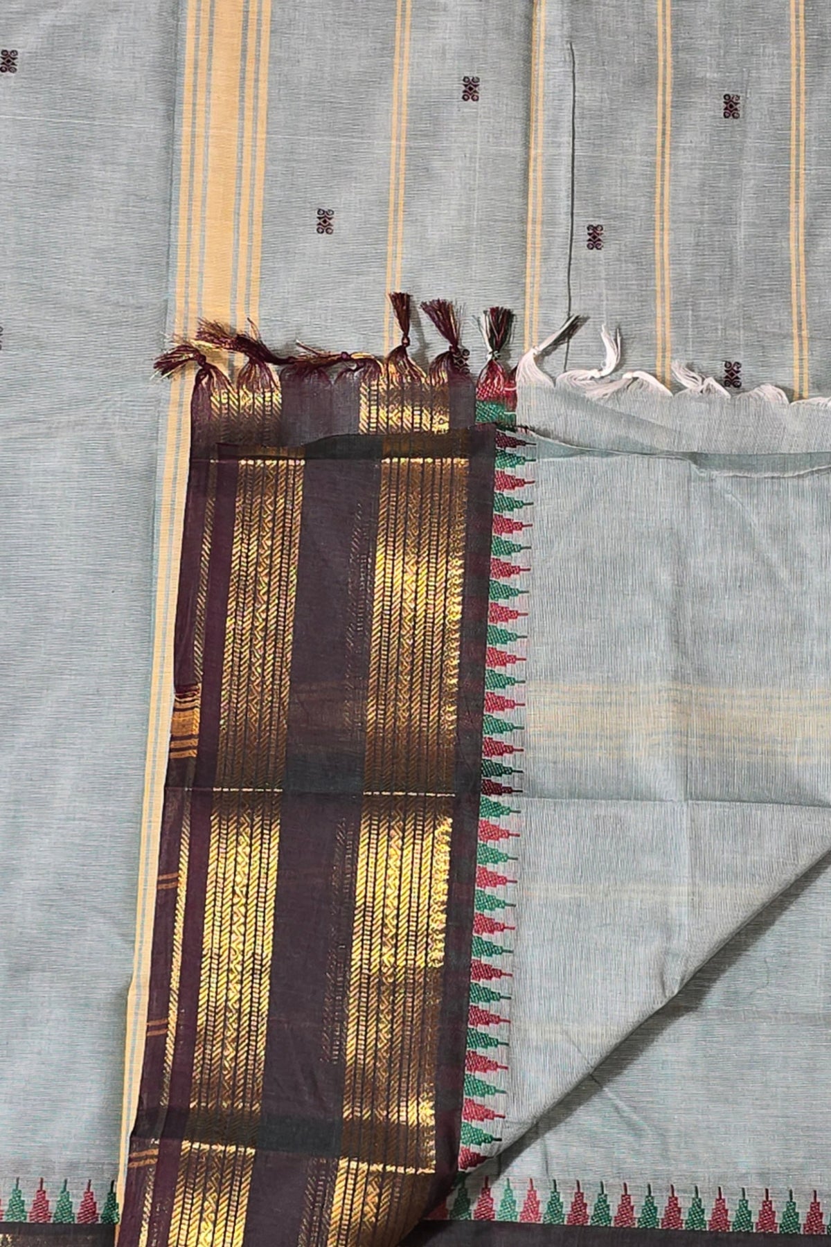 Elegant Moonstone Blue Cotton Saree with Dark Lava Border