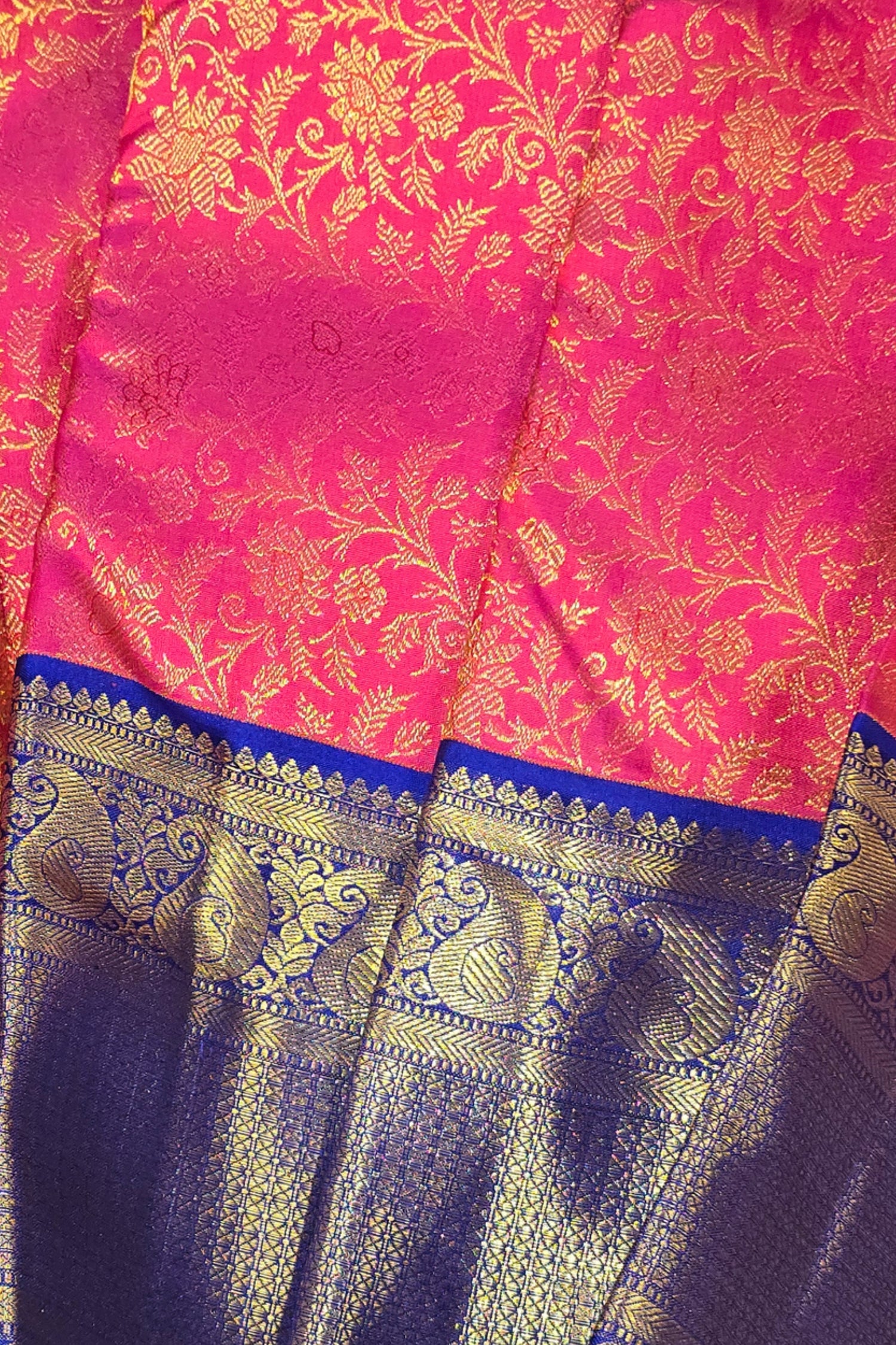 Royal Pink Kanchipuram Silk Saree with Elegant Blue Border