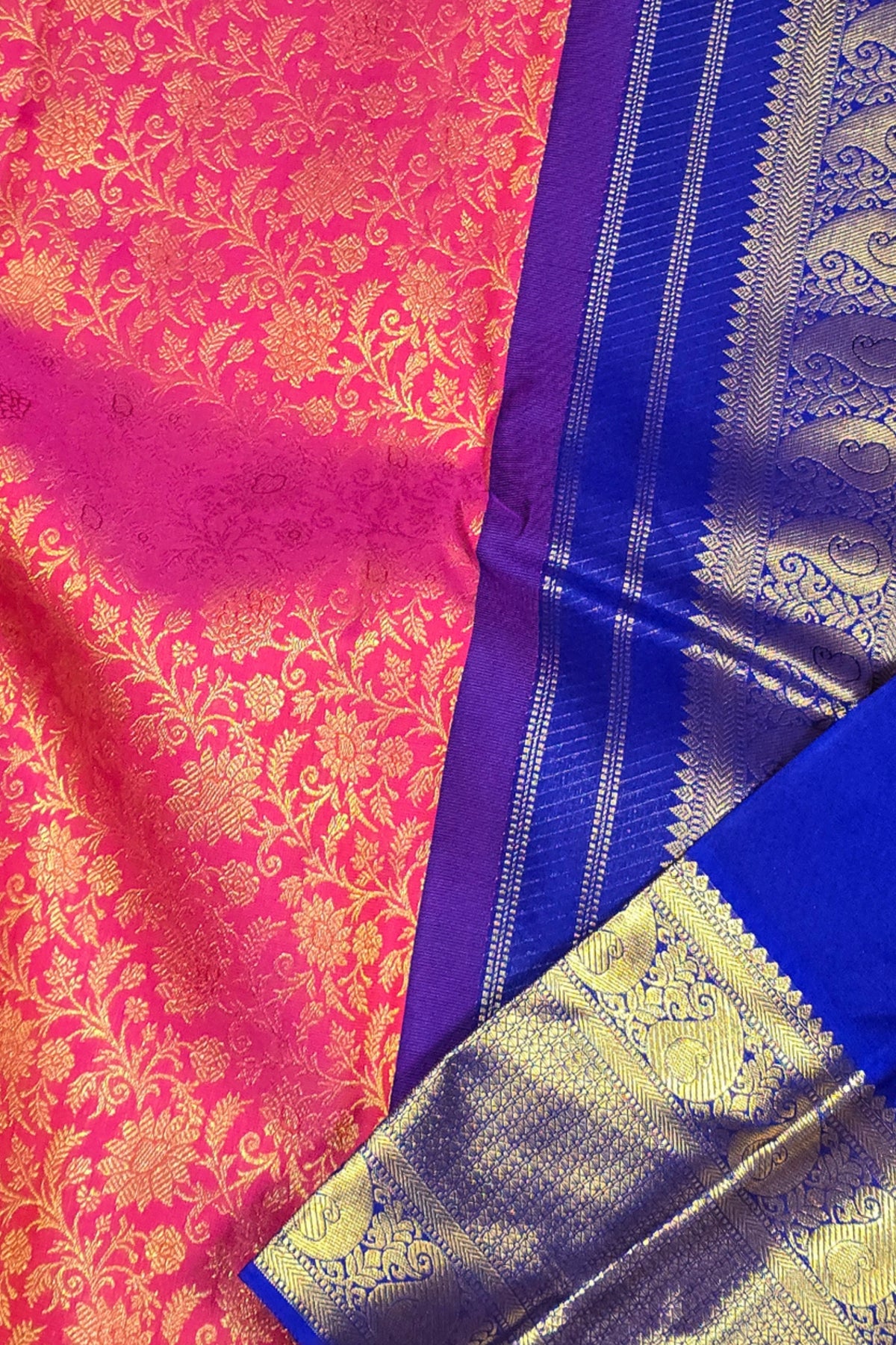 Royal Pink Kanchipuram Silk Saree with Elegant Blue Border
