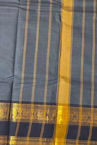 Royal Slate Grey  Cotton Saree with Dark Blue & Gold Border