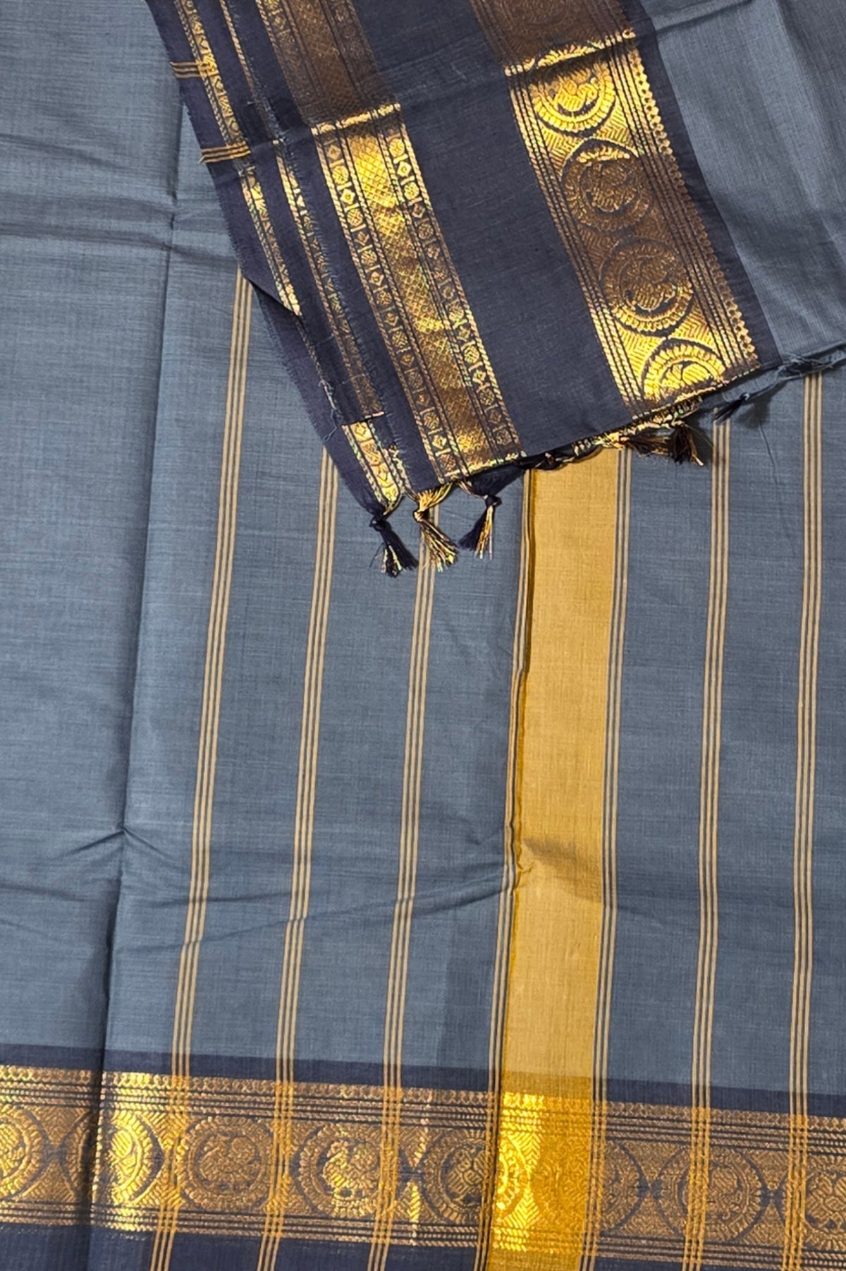 Royal Slate Grey  Cotton Saree with Dark Blue & Gold Border