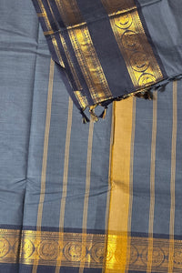 Royal Slate Grey  Cotton Saree with Dark Blue & Gold Border