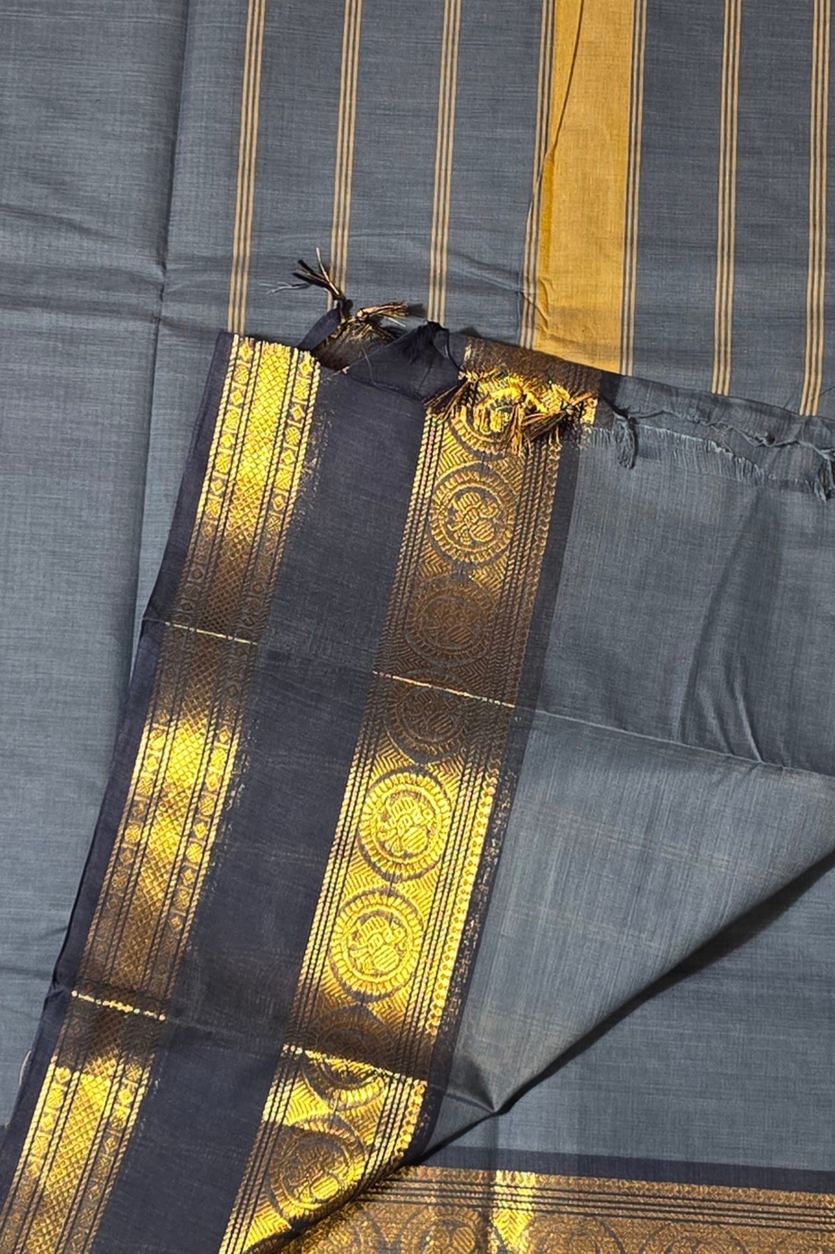 Royal Slate Grey  Cotton Saree with Dark Blue & Gold Border