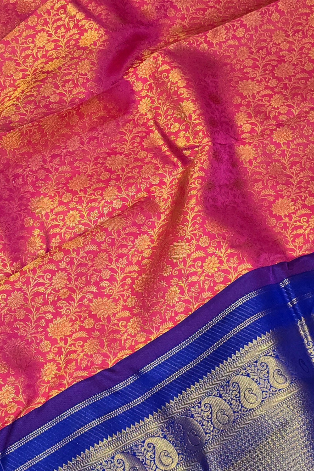 Royal Pink Kanchipuram Silk Saree with Elegant Blue Border