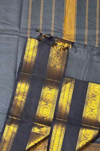 Royal Slate Grey  Cotton Saree with Dark Blue & Gold Border
