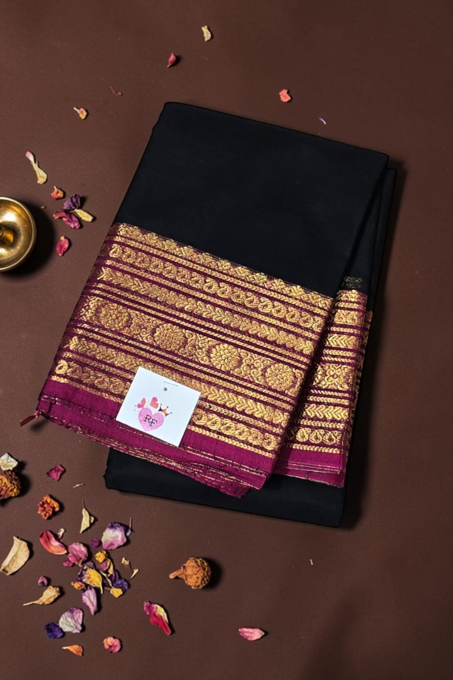 Elegant Black Cotton Saree with Pansy Purple Border