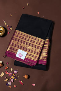 Elegant Black Cotton Saree with Pansy Purple Border