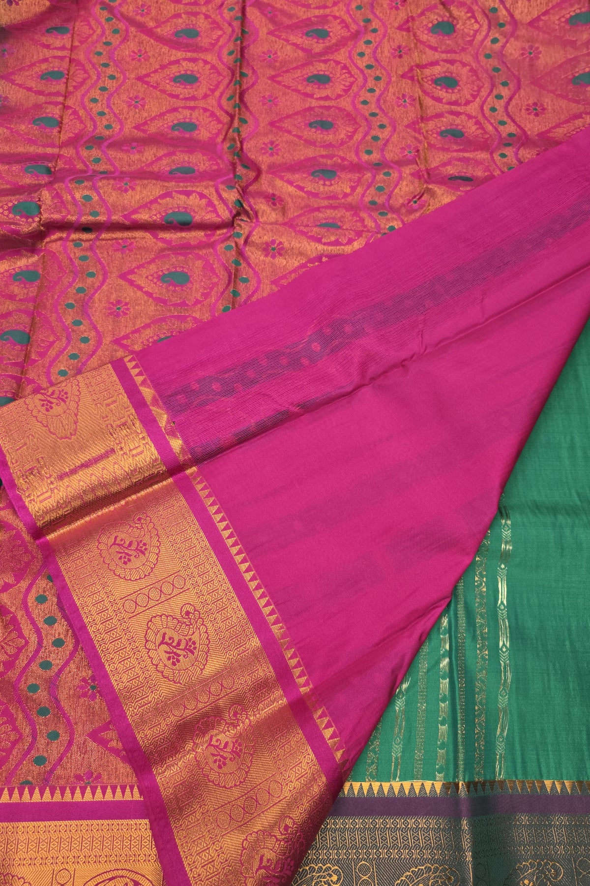 Dark Green with Pink Semi Kanchi Saree